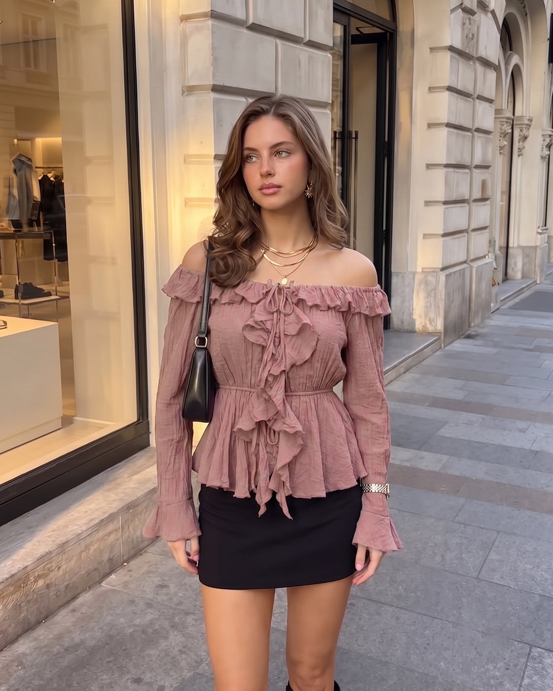Ruffle Tie Neck Peplum Blouse in Lilac
