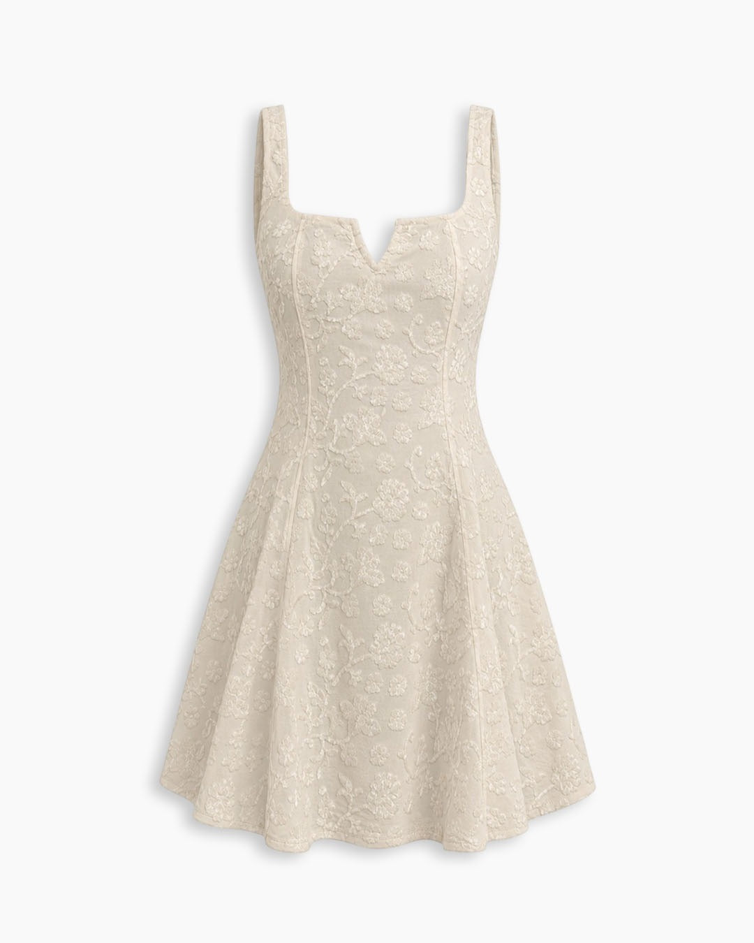 Floral Jacquard Square Neck Fit and Flare Mini Dress in White