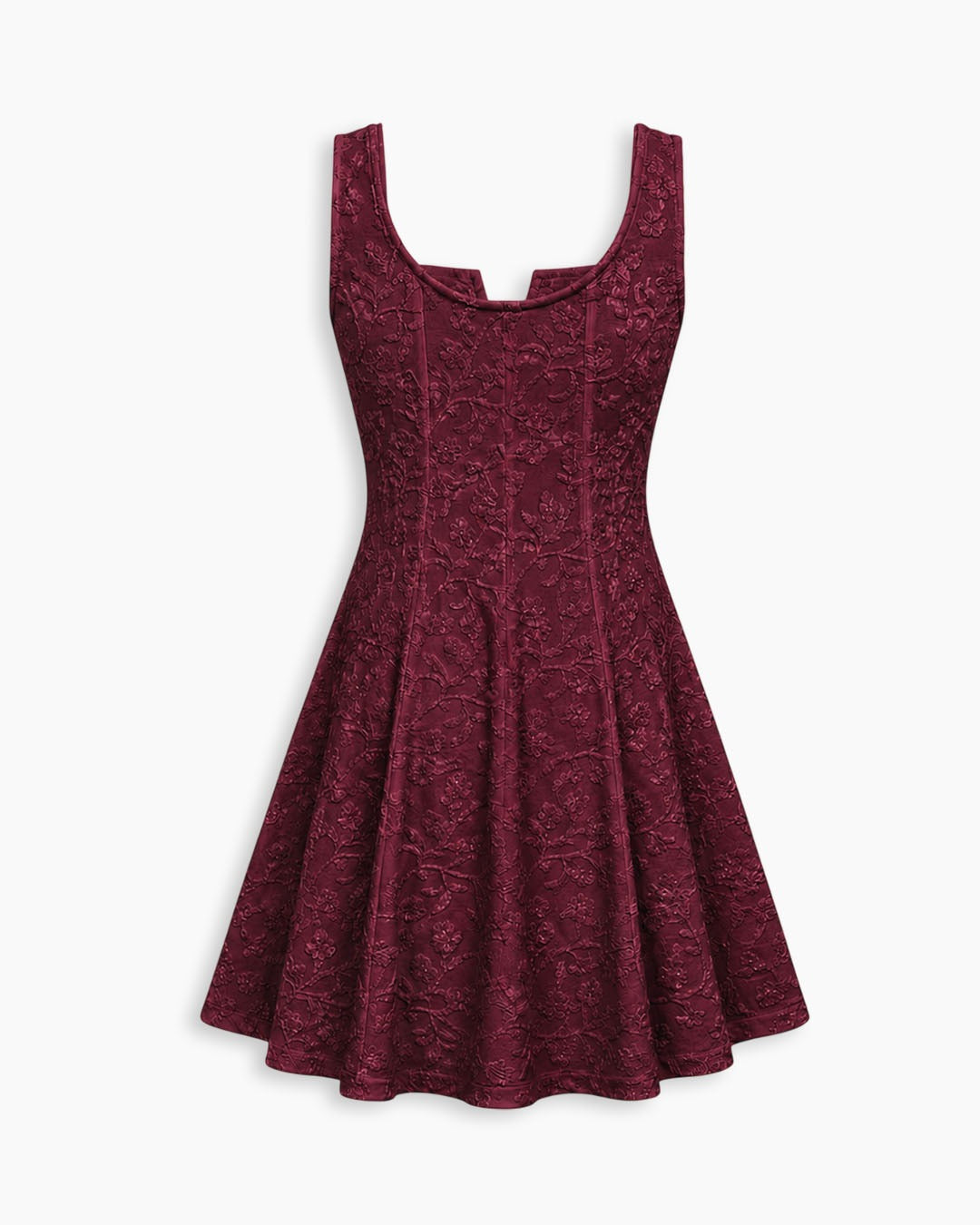Floral Jacquard Square Neck Fit and Flare Mini Dress in Wine Maroon