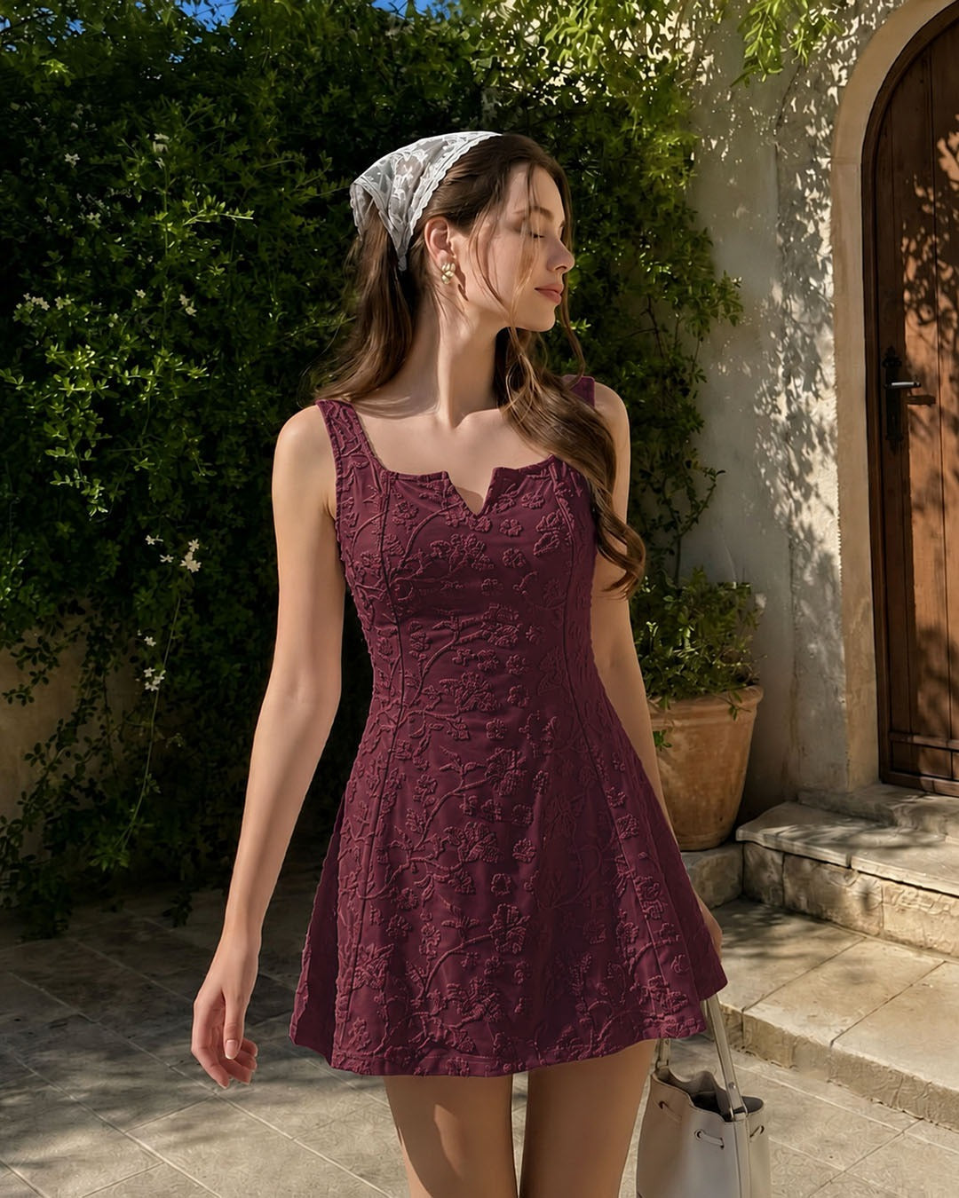 Floral Jacquard Square Neck Fit and Flare Mini Dress in Wine Maroon