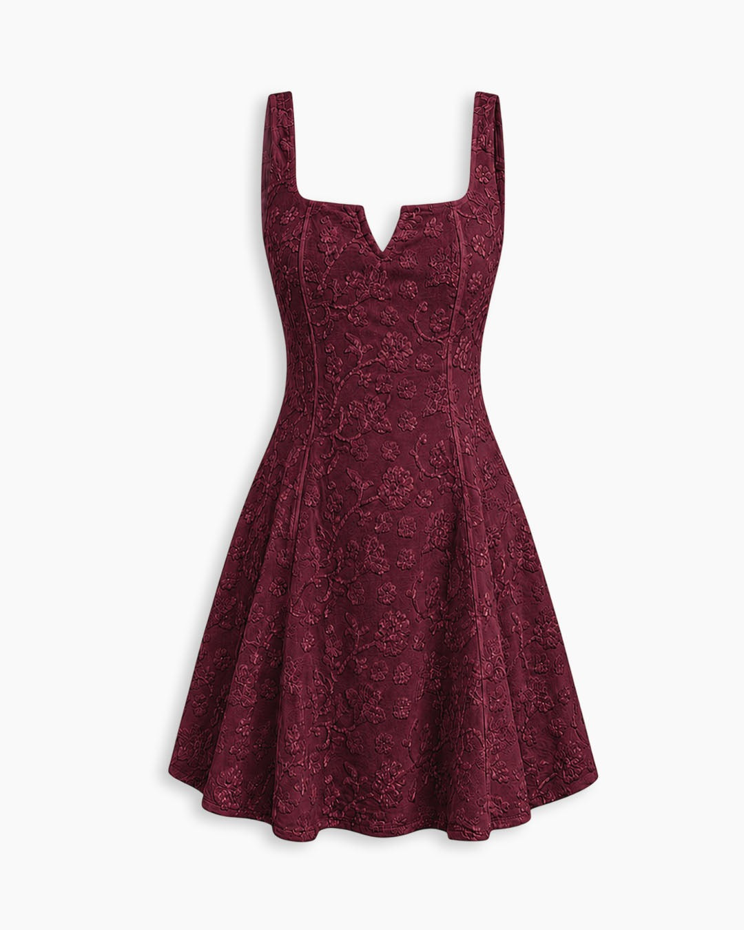 Floral Jacquard Square Neck Fit and Flare Mini Dress in Wine Maroon