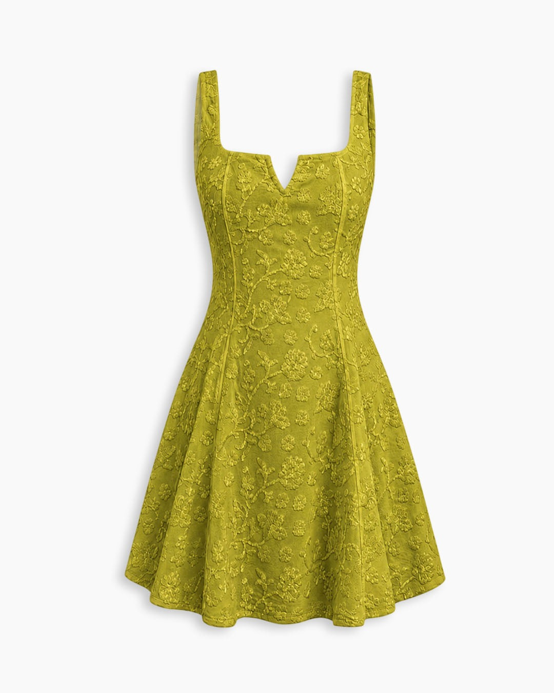 Floral Jacquard Square Neck Fit and Flare Mini Dress in Dark Citron