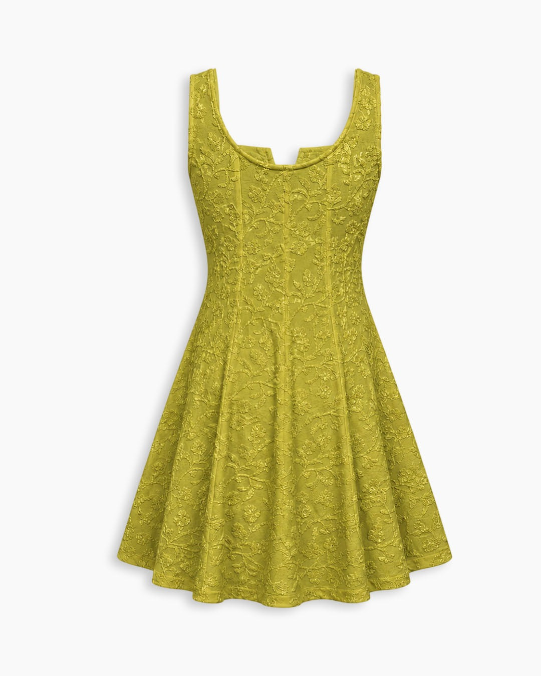 Floral Jacquard Square Neck Fit and Flare Mini Dress in Dark Citron