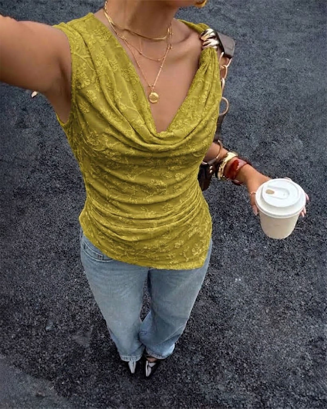 Ruched Cowl Neck Sleeveless Fitted Top in Olive Green