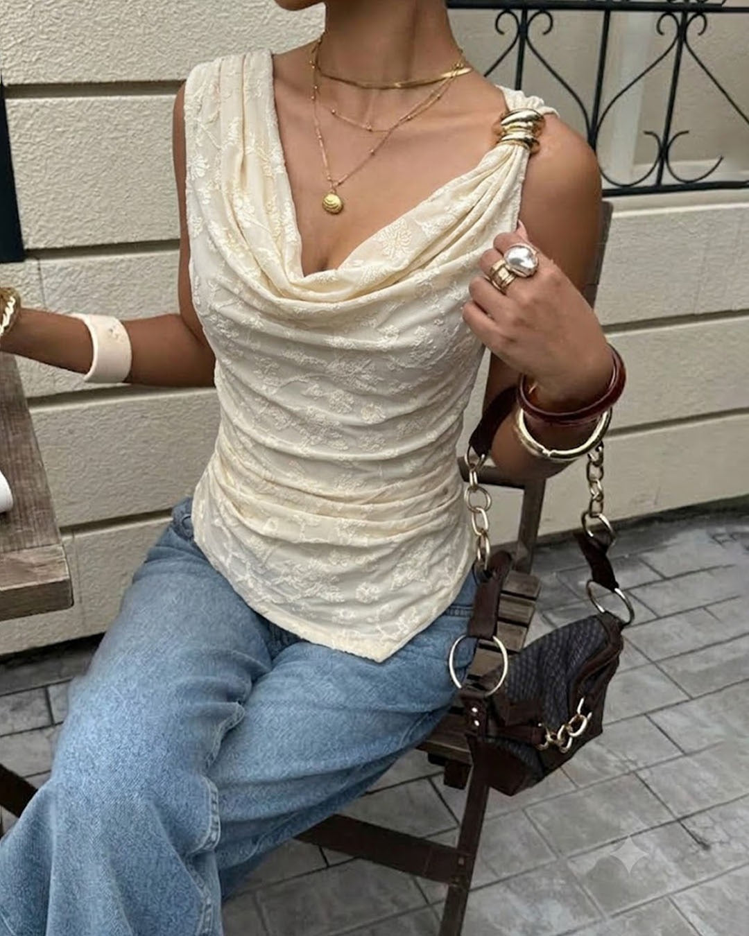 Cowl Neck Ruched Side Tie Draped Top in Classic White