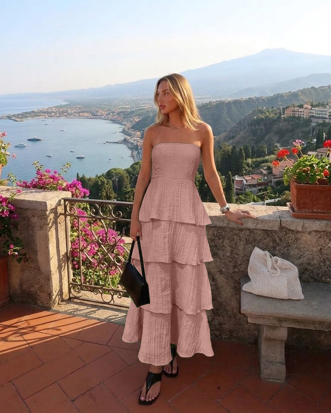 Strapless Tiered Midi Dress in Dusty Pink