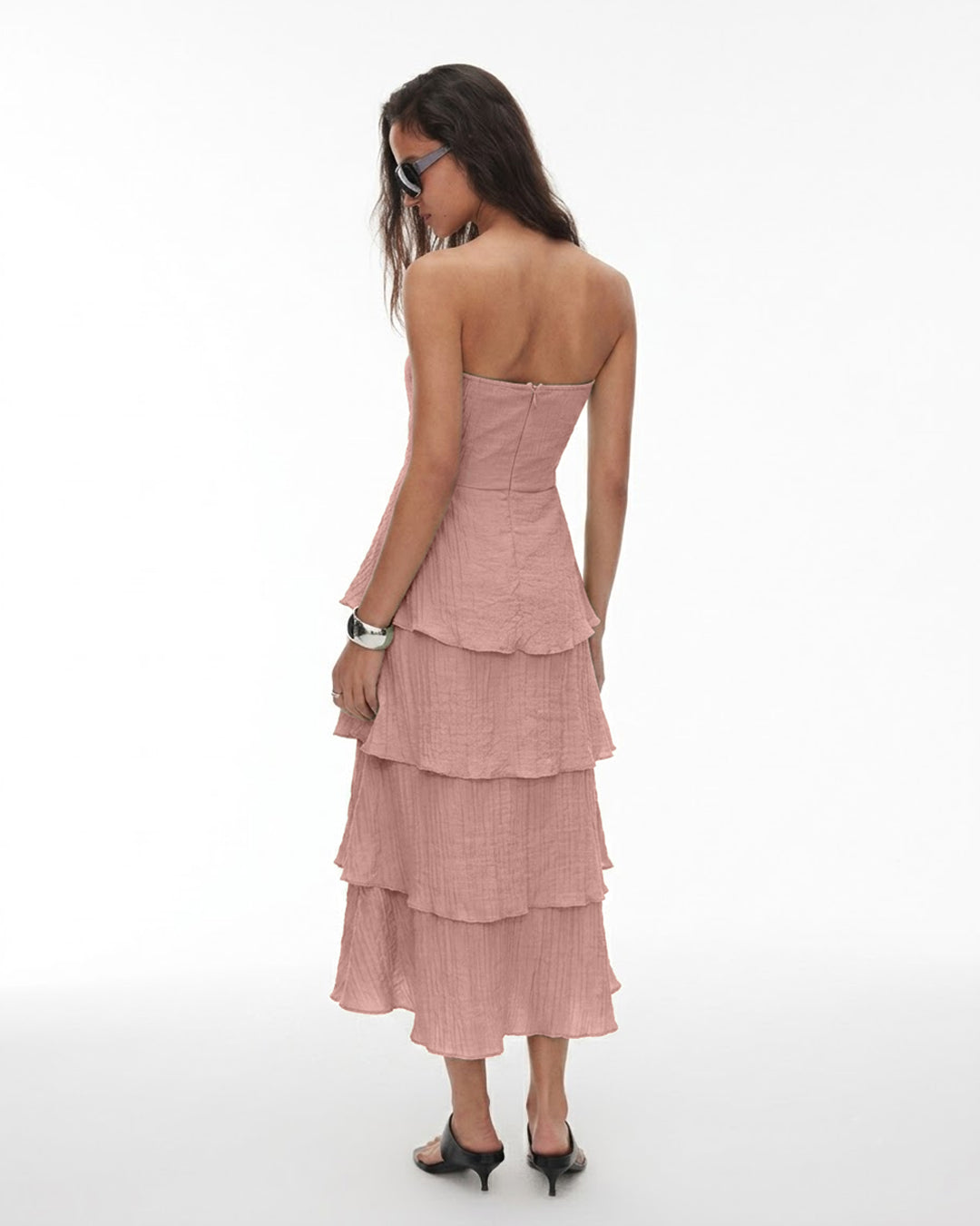 Strapless Tiered Midi Dress in Dusty Pink