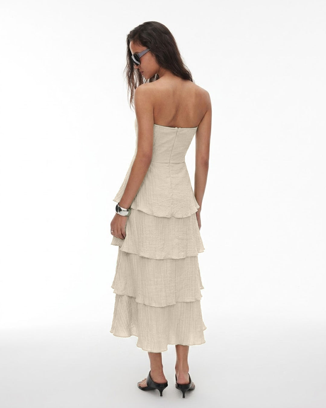 Strapless Tiered Midi Dress in Warm Beige
