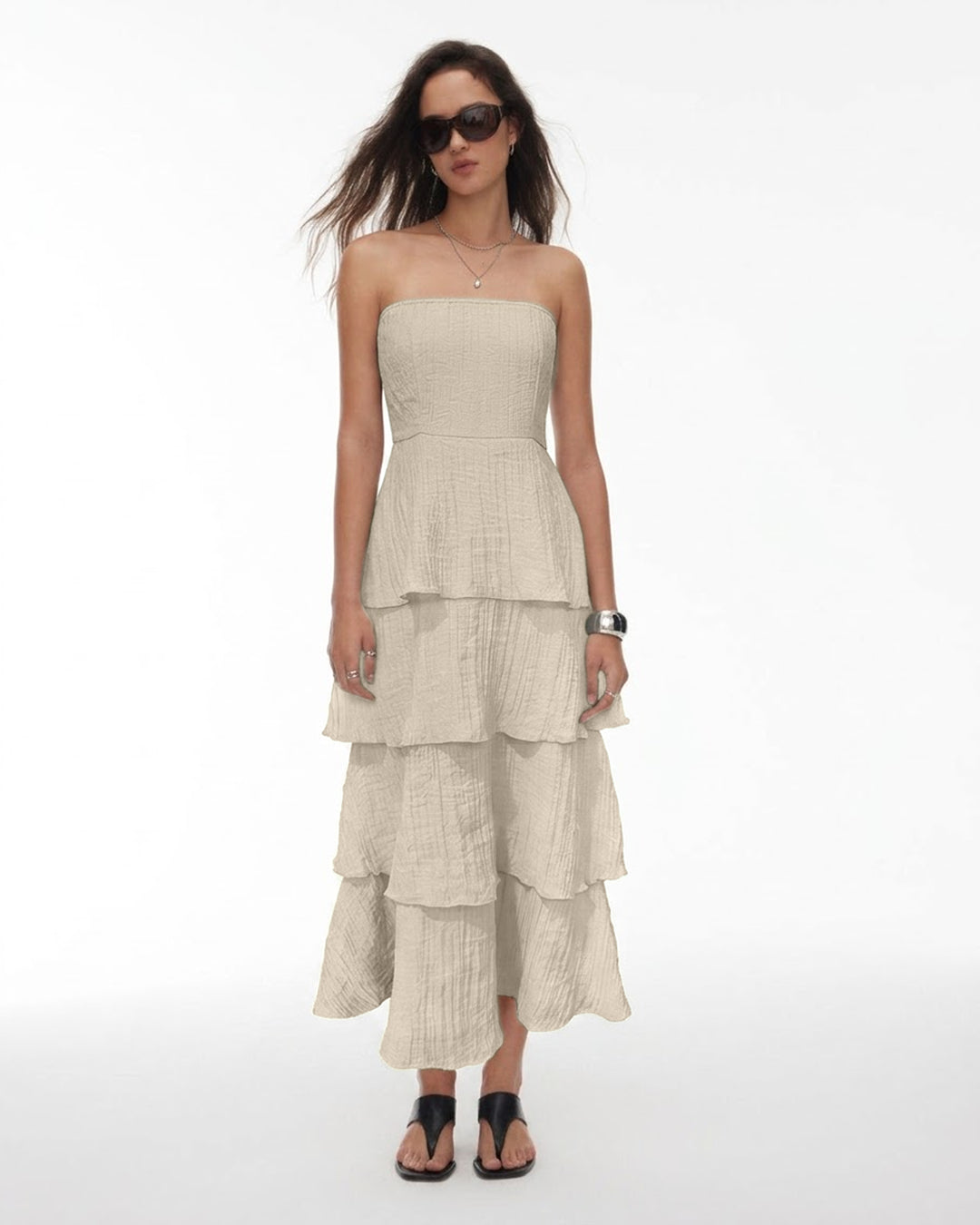 Strapless Tiered Midi Dress in Warm Beige