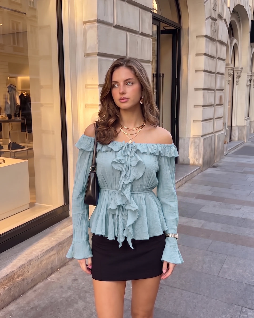 Ruffle Tie Neck Peplum Blouse in Powder Blue
