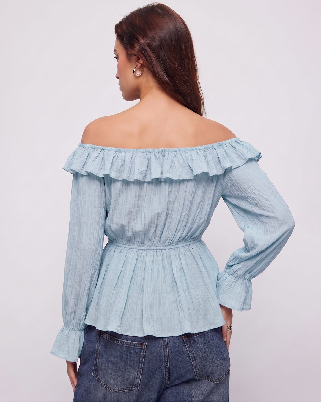 Ruffle Tie Neck Peplum Blouse in Powder Blue
