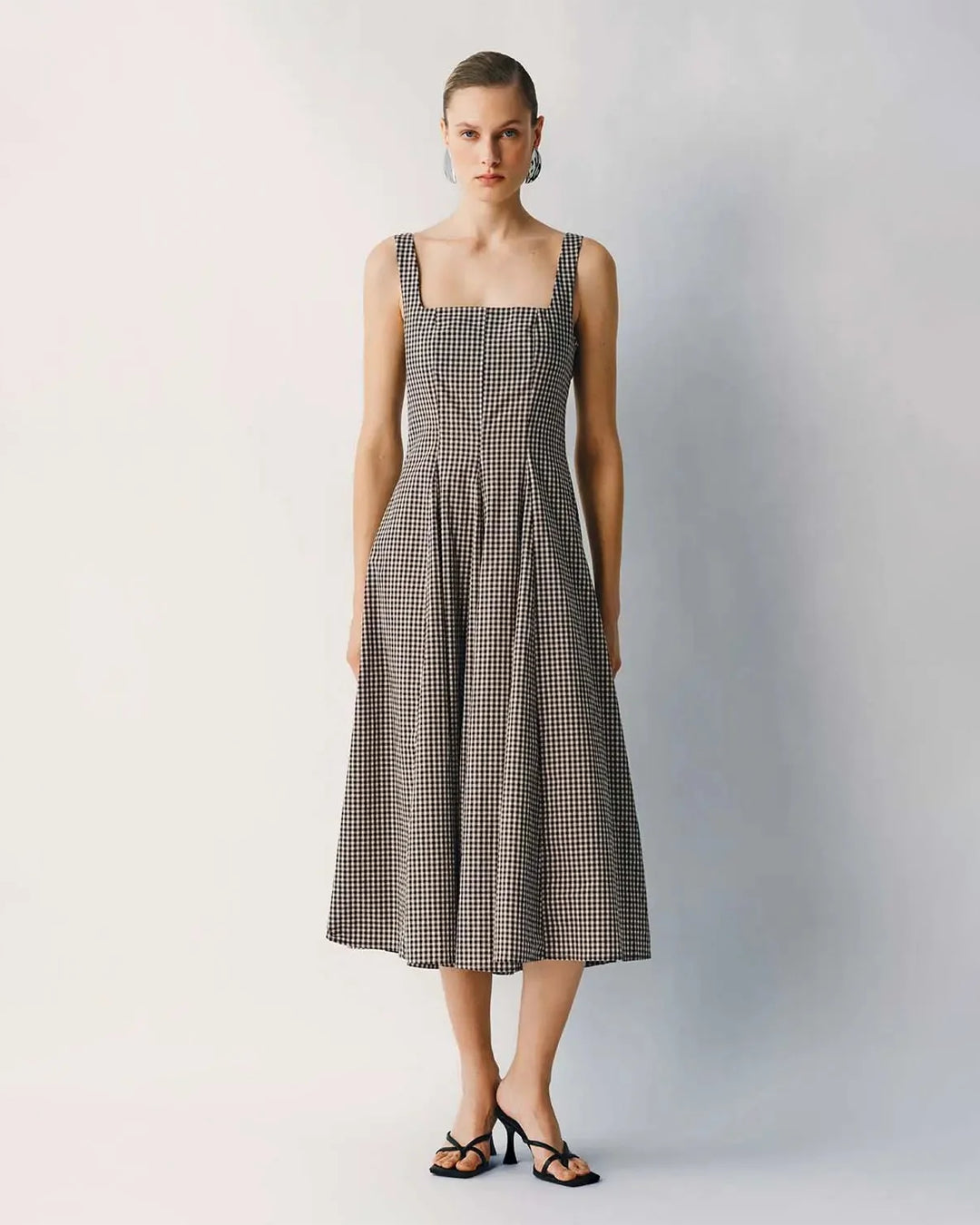 Gingham Square Neck Pleated Midi Dress in Classic Black and White