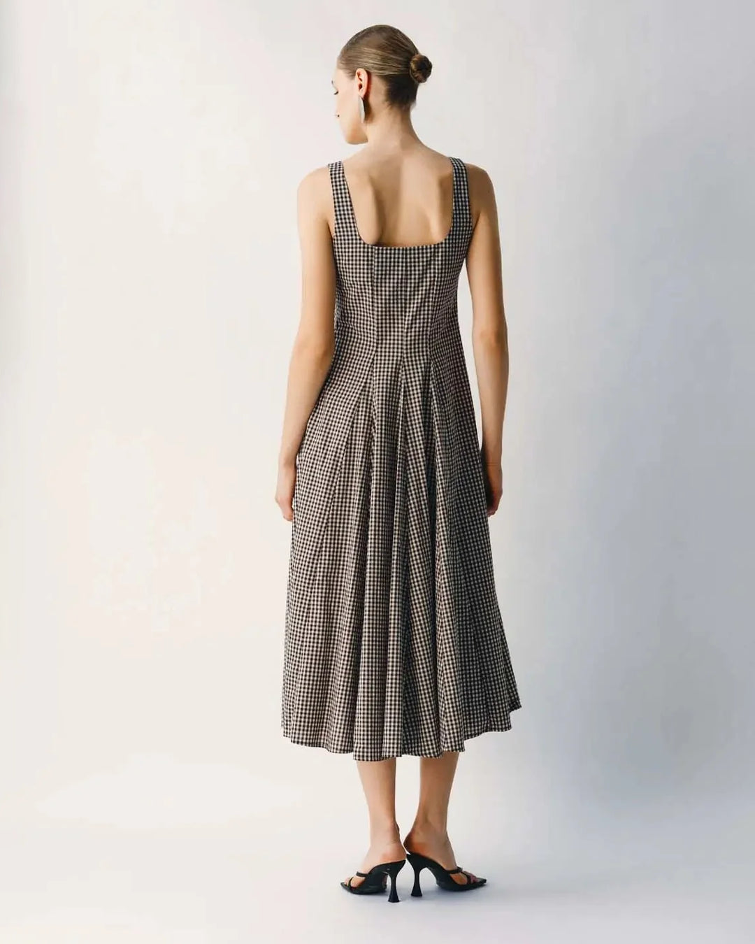 Gingham Square Neck Pleated Midi Dress in Classic Black and White