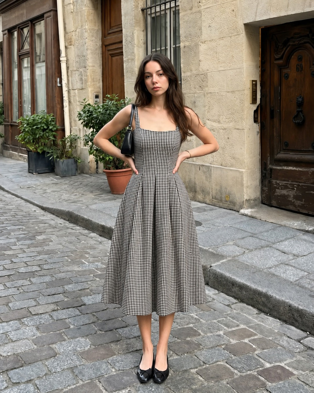 Gingham Square Neck Pleated Midi Dress in Classic Black and White