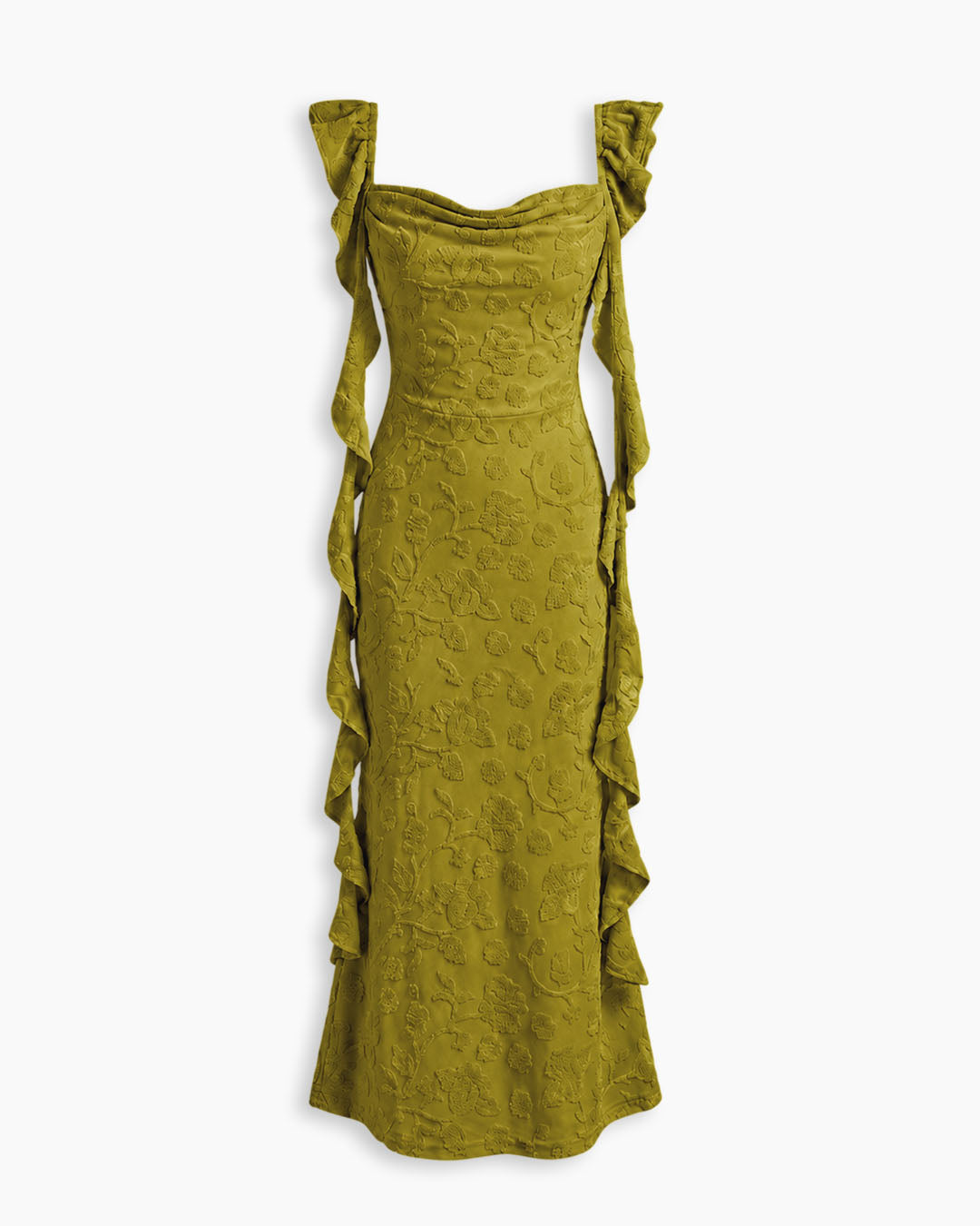 Floral Ruched Side Tie Ruffle Maxi Dress in Olive Green