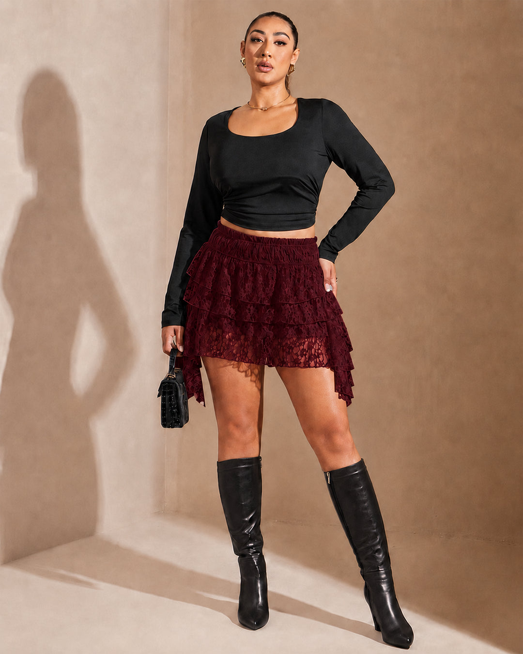 Tiered Textured Mini Skirt Curve and Plus in Merlot