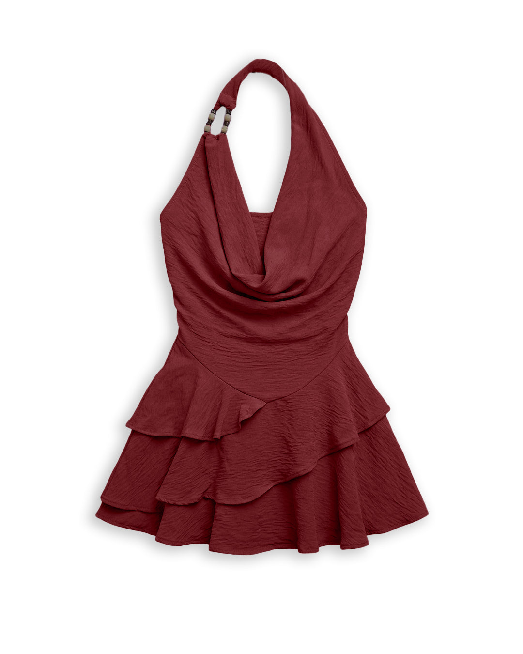 Halter Cowl Neck Ruched Waist Tiered Mini Dress in Maroon
