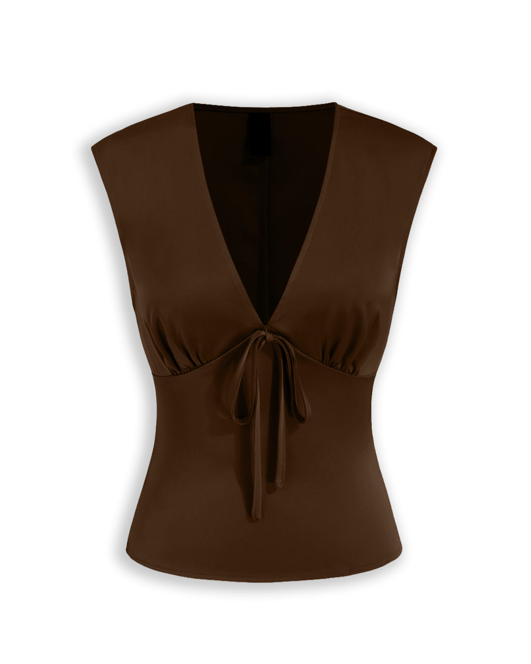 Deep V Neck Ruched Tie Front Fitted Top in Chocolate Brown