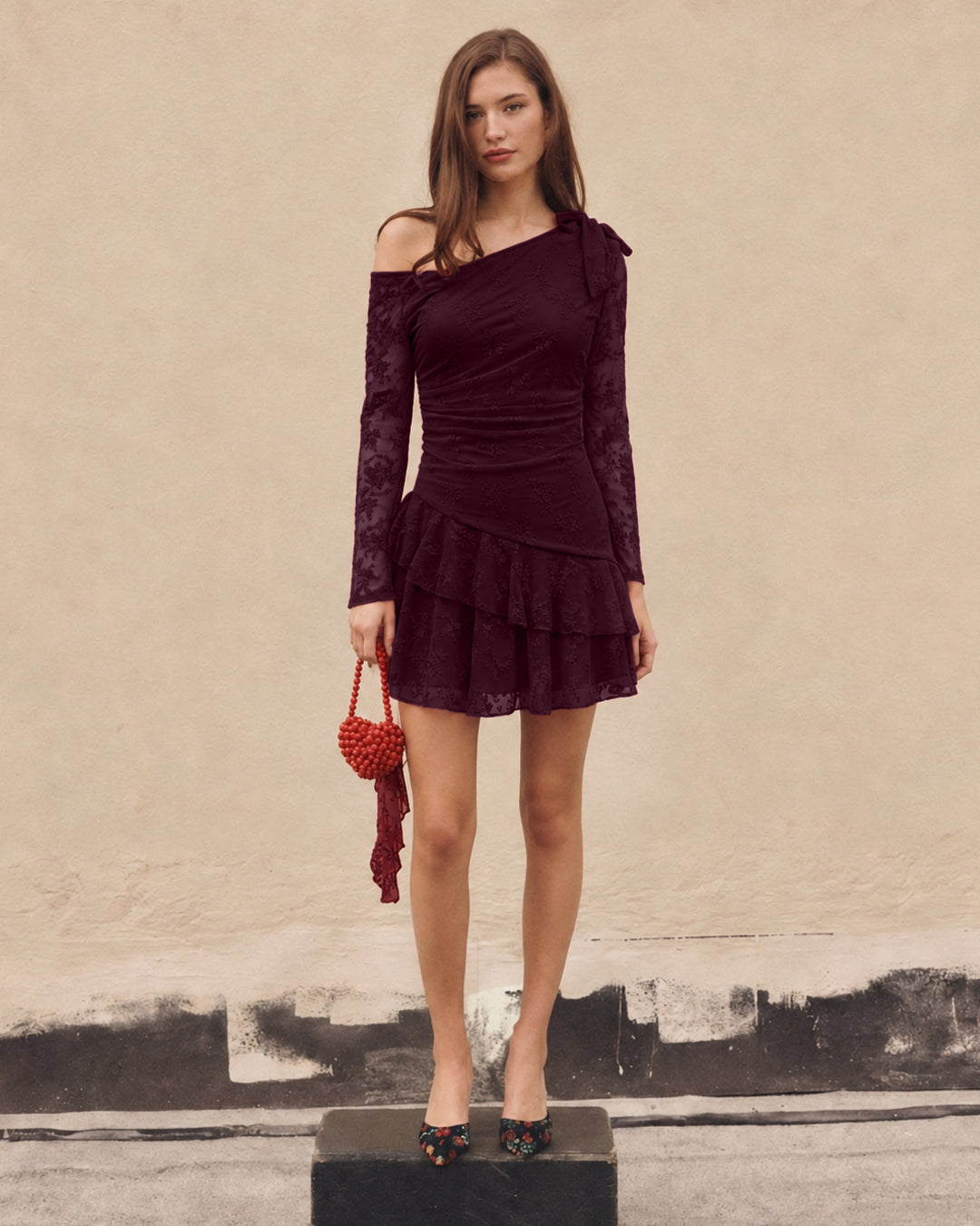 Asymmetrical One Shoulder Lace Ruffle Mini Dress in Wine Maroon