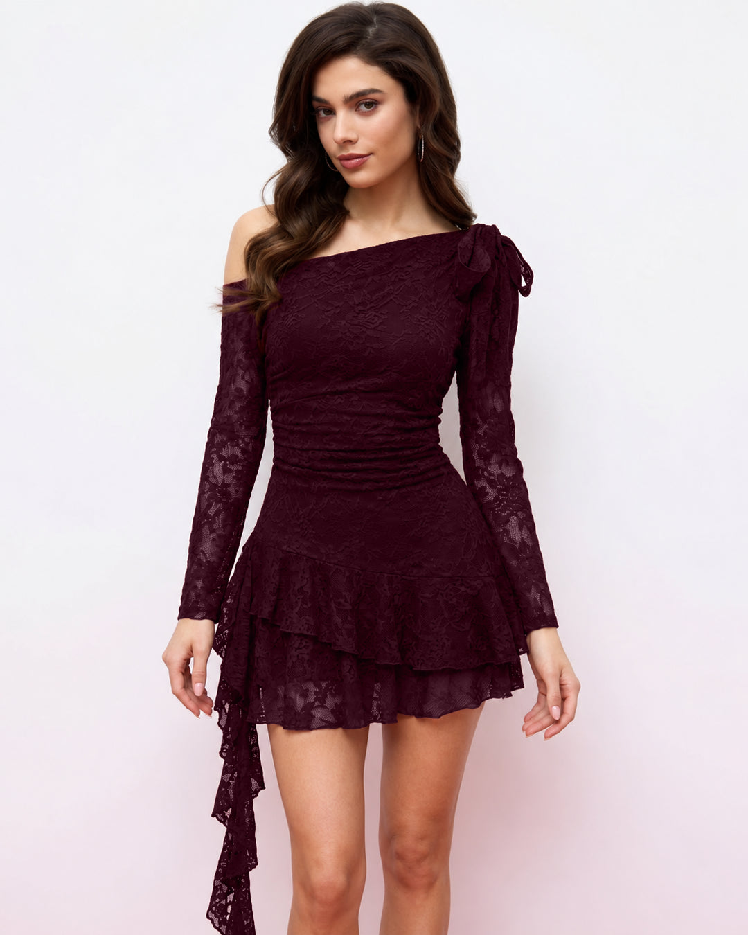 Asymmetrical One Shoulder Lace Ruffle Mini Dress in Wine Maroon