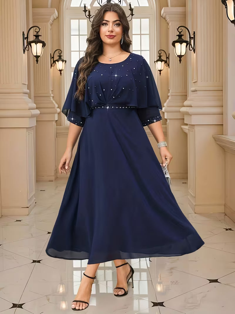Plus Size Women’s Elegant Rhinestone Collar Dress