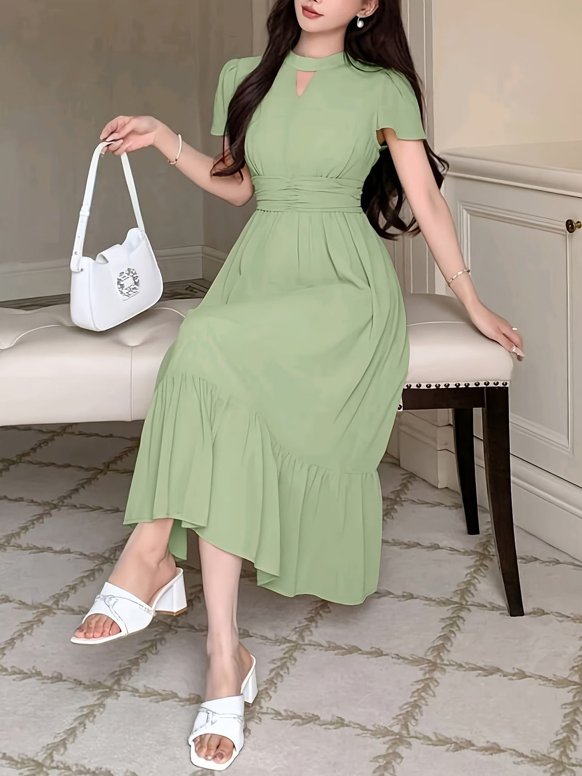 Women's Elegant Pleated Waist Ruffle Hem Maxi Dress