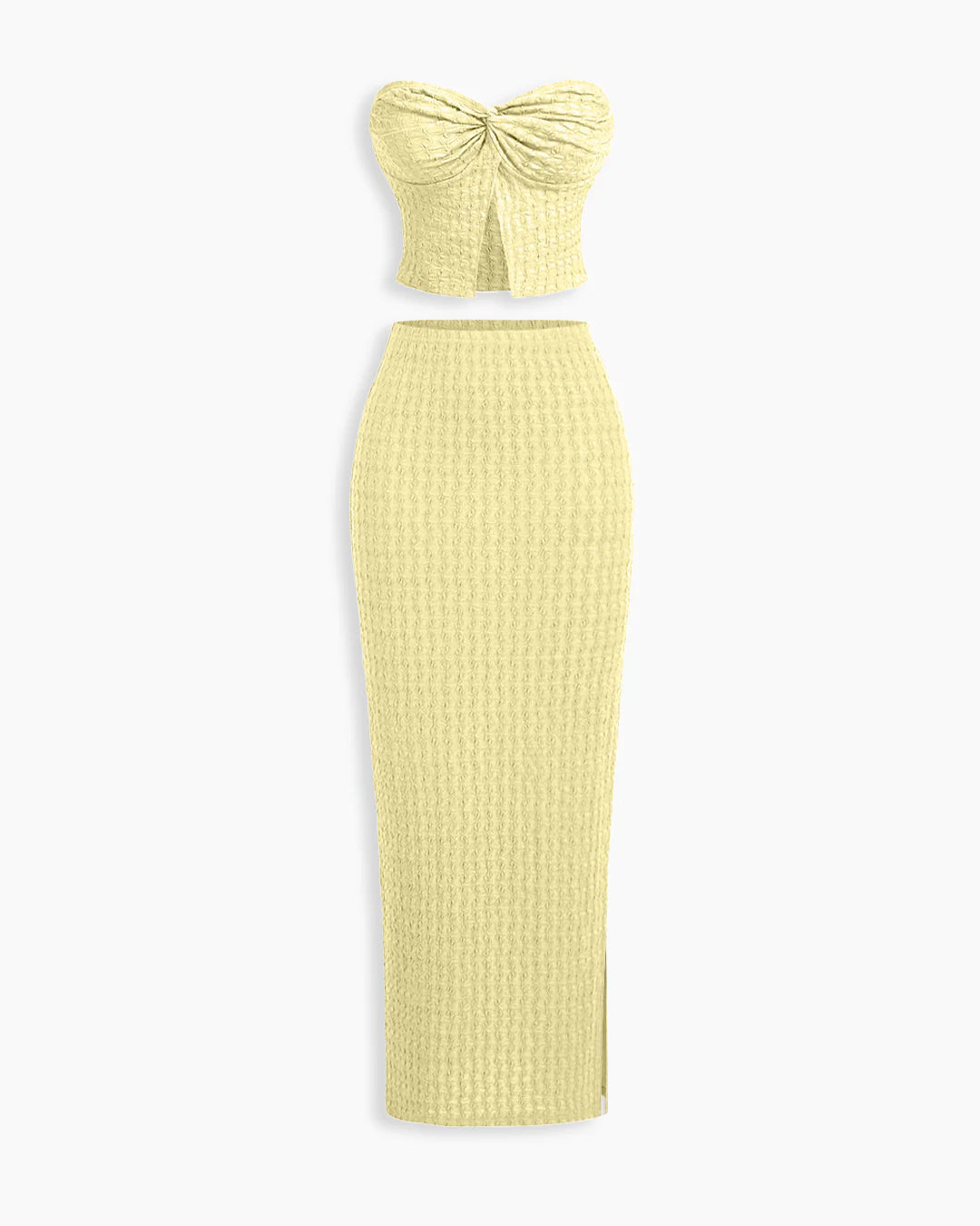 Knitted Two-Piece Set with Strapless Top and Fitted Skirt in Vanilla
