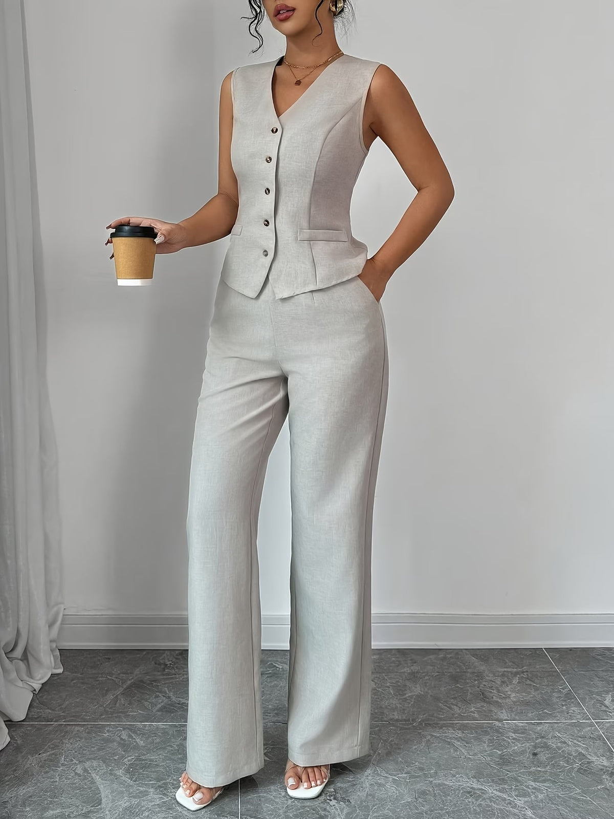 Women's Sleeveless Waist-Cinched Vest & Wide-Leg Pants Two-Piece Set
