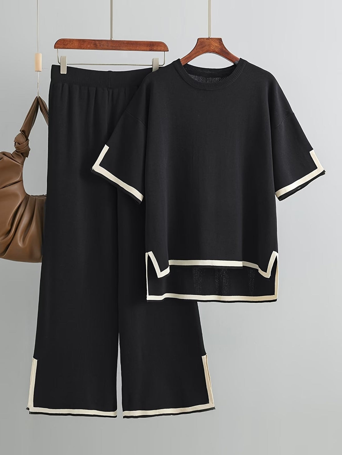 Elegant Contrast Two-Piece Set – Split Design Top & High-Waist Wide-Leg Pants for Women