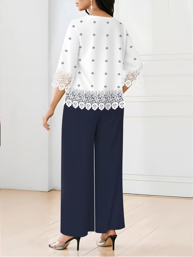 Chic Polka Dot Lace Co-Ord Set – Elegant Round Neck Top with Relaxed Fit Solid Trousers