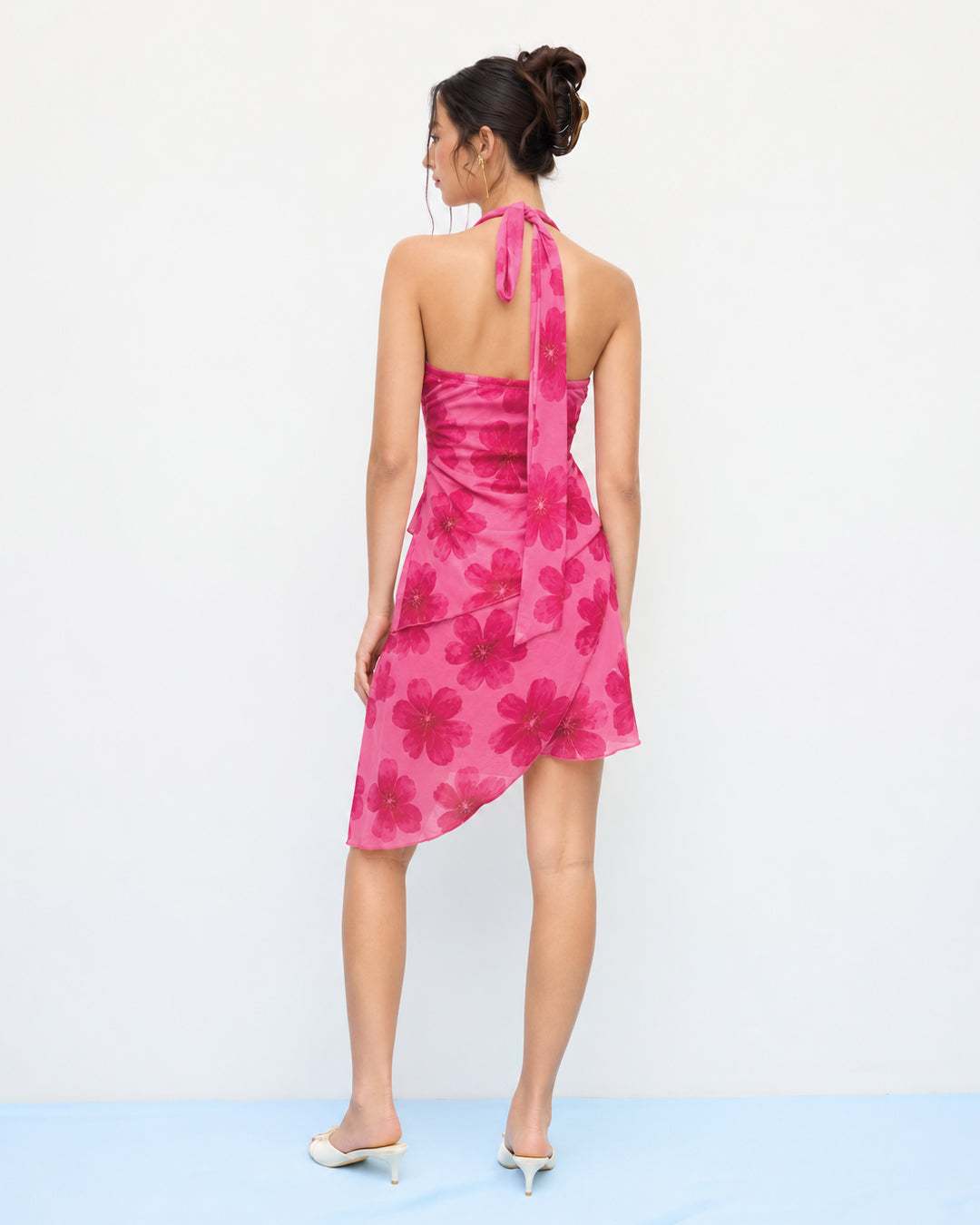 Floral Halter Neck Asymmetric Mini Dress in Blush Pink