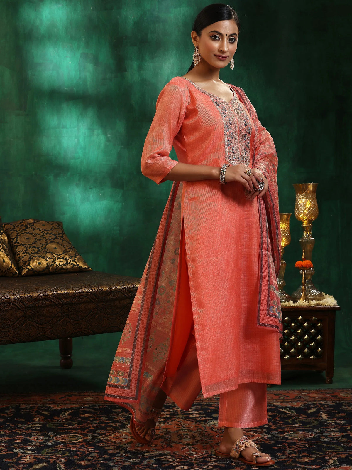 Anouk Peach Yoke Design Silk Blend Straight Suit With Dupatta