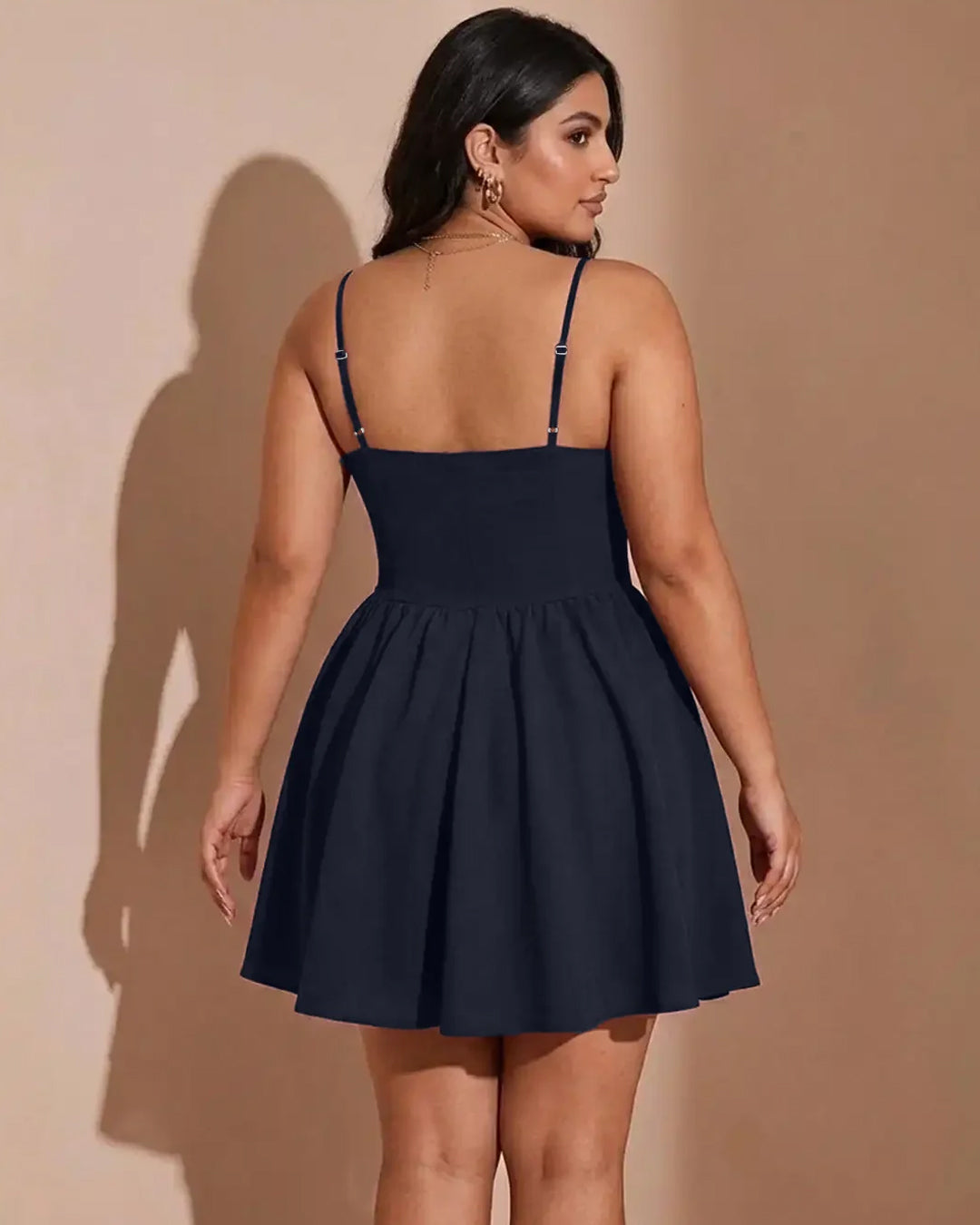 Square Neck Fit & Flare Solid Sleeveless Mini Dress Curve And Plus in Navy Blue