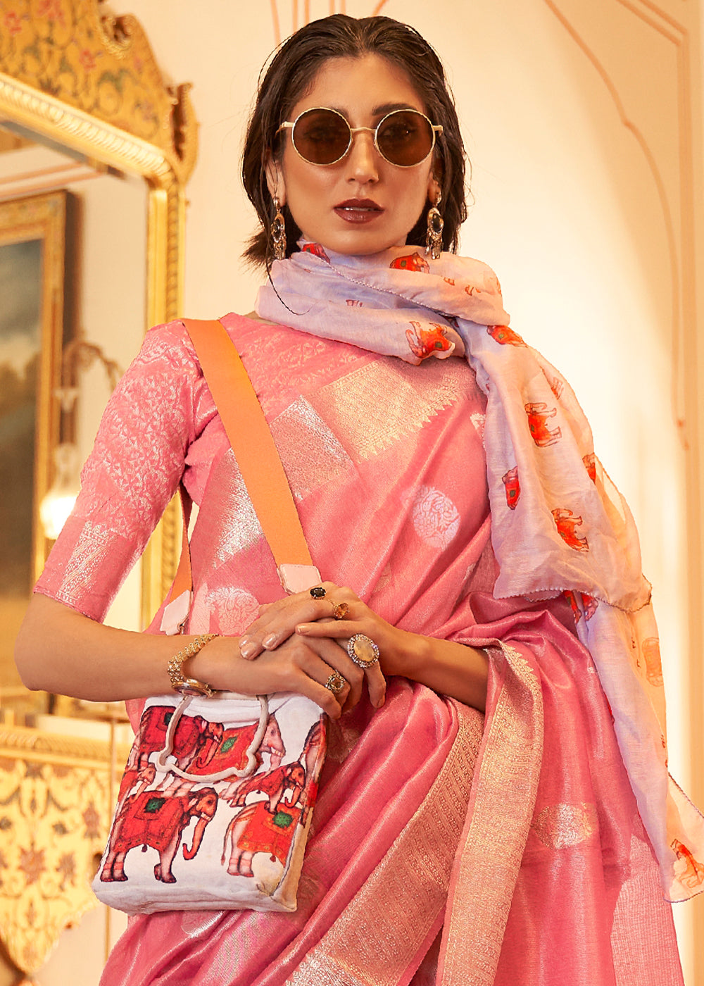 Rouge Pink Zari Woven Soft Tissue Silk Saree