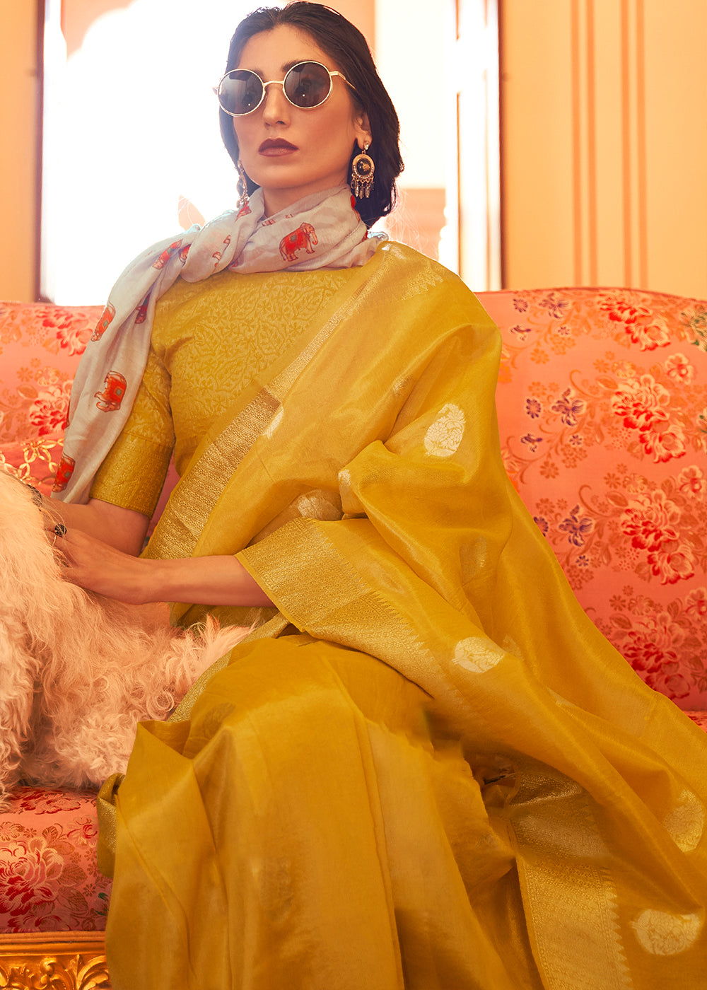 Mustard Yellow Zari Woven Soft Tissue Silk Saree