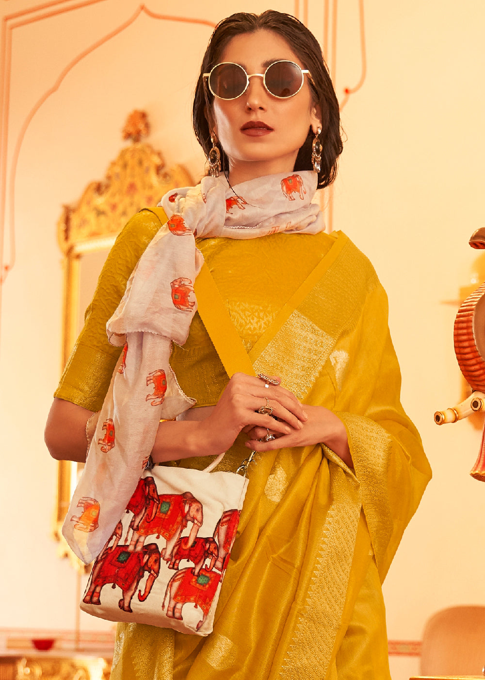Mustard Yellow Zari Woven Soft Tissue Silk Saree