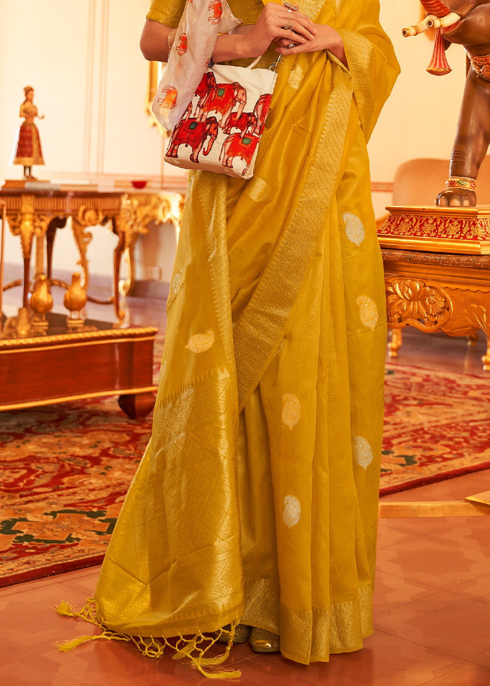 Mustard Yellow Zari Woven Soft Tissue Silk Saree