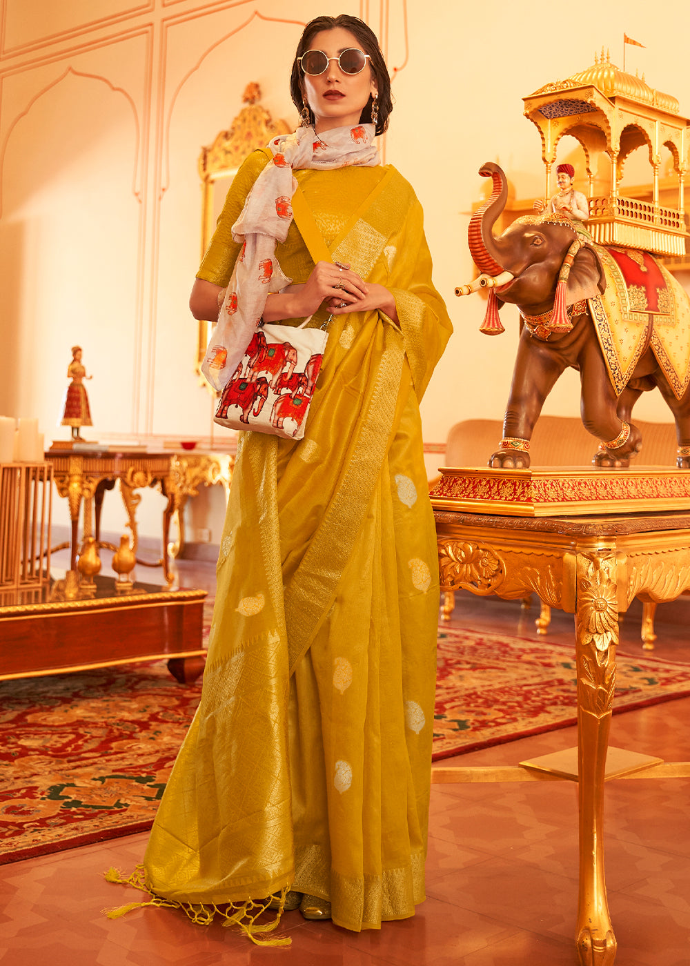 Mustard Yellow Zari Woven Soft Tissue Silk Saree