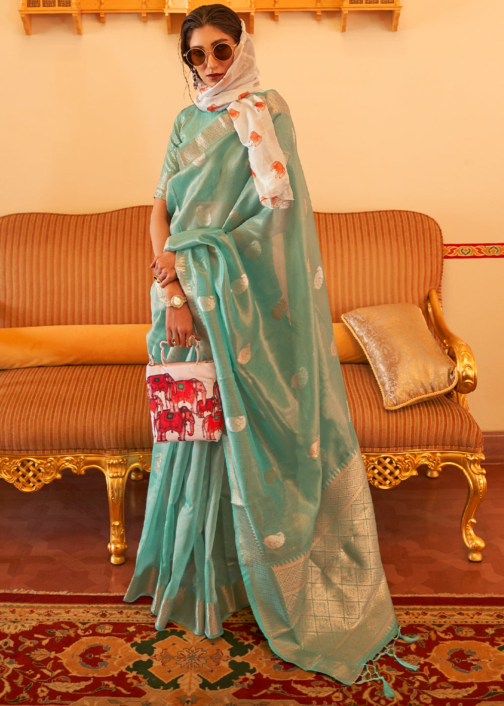 Jade Green Zari Woven Soft Tissue Silk Saree