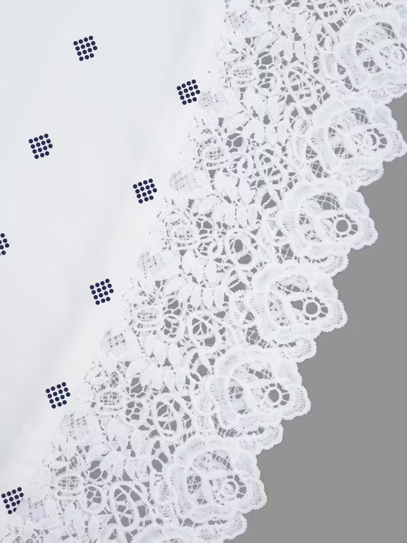 Chic Polka Dot Lace Co-Ord Set – Elegant Round Neck Top with Relaxed Fit Solid Trousers