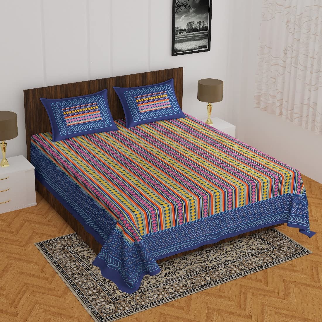 Jaipuri Double Bedsheet Set with Two Pillow Covers - 90x100 Size
