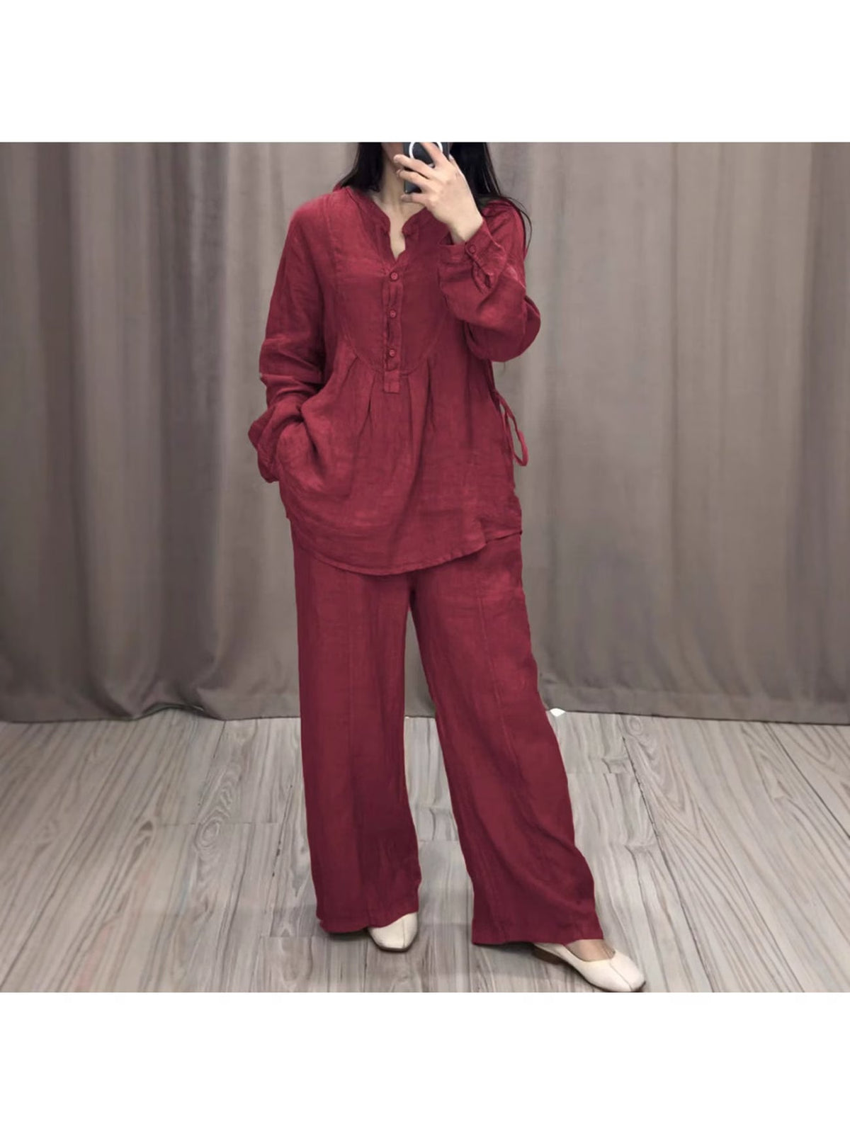 Women's Linen Blend Pleated Shirt & Wide-Leg Trouser Co-Ord Set