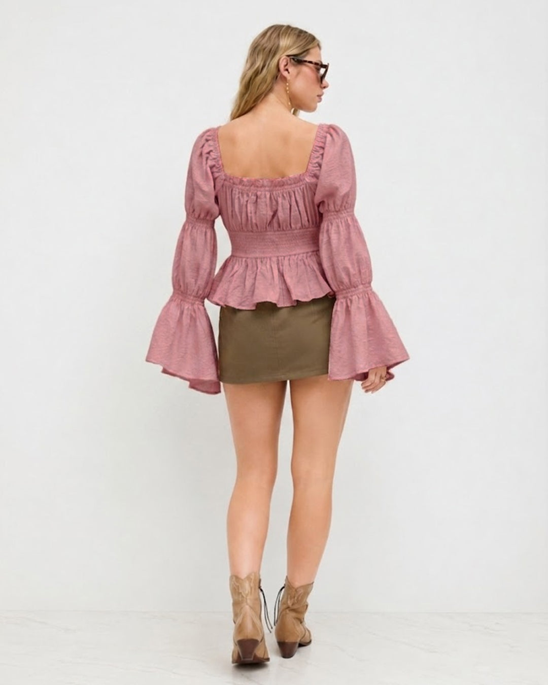 Solid Square Neck Flared Sleeve Crop Top in Dusty Pink