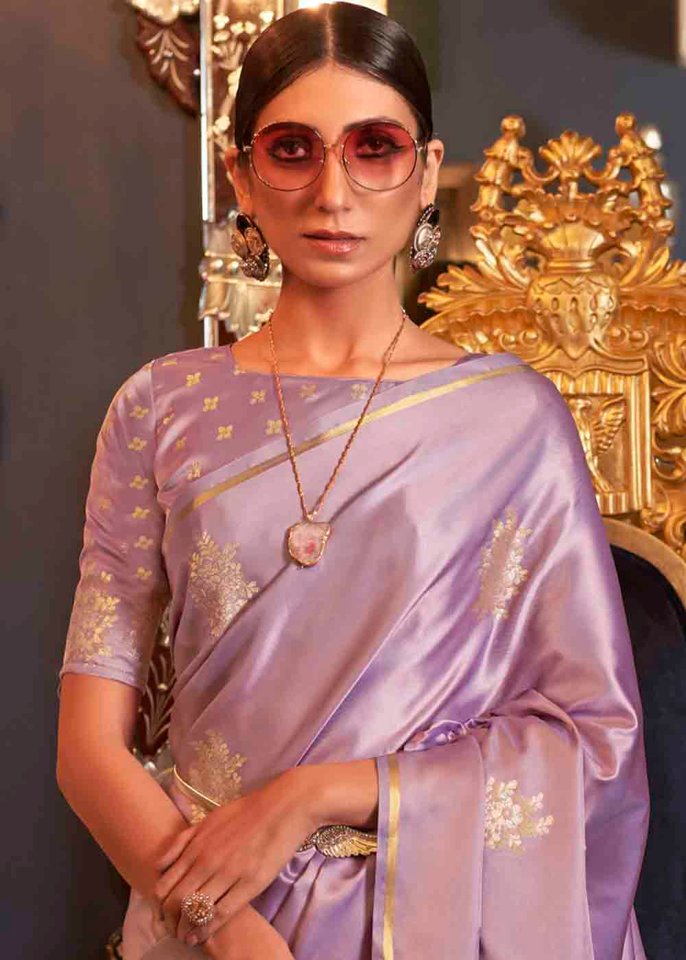 Lilac Purple Designer Satin Silk Saree
