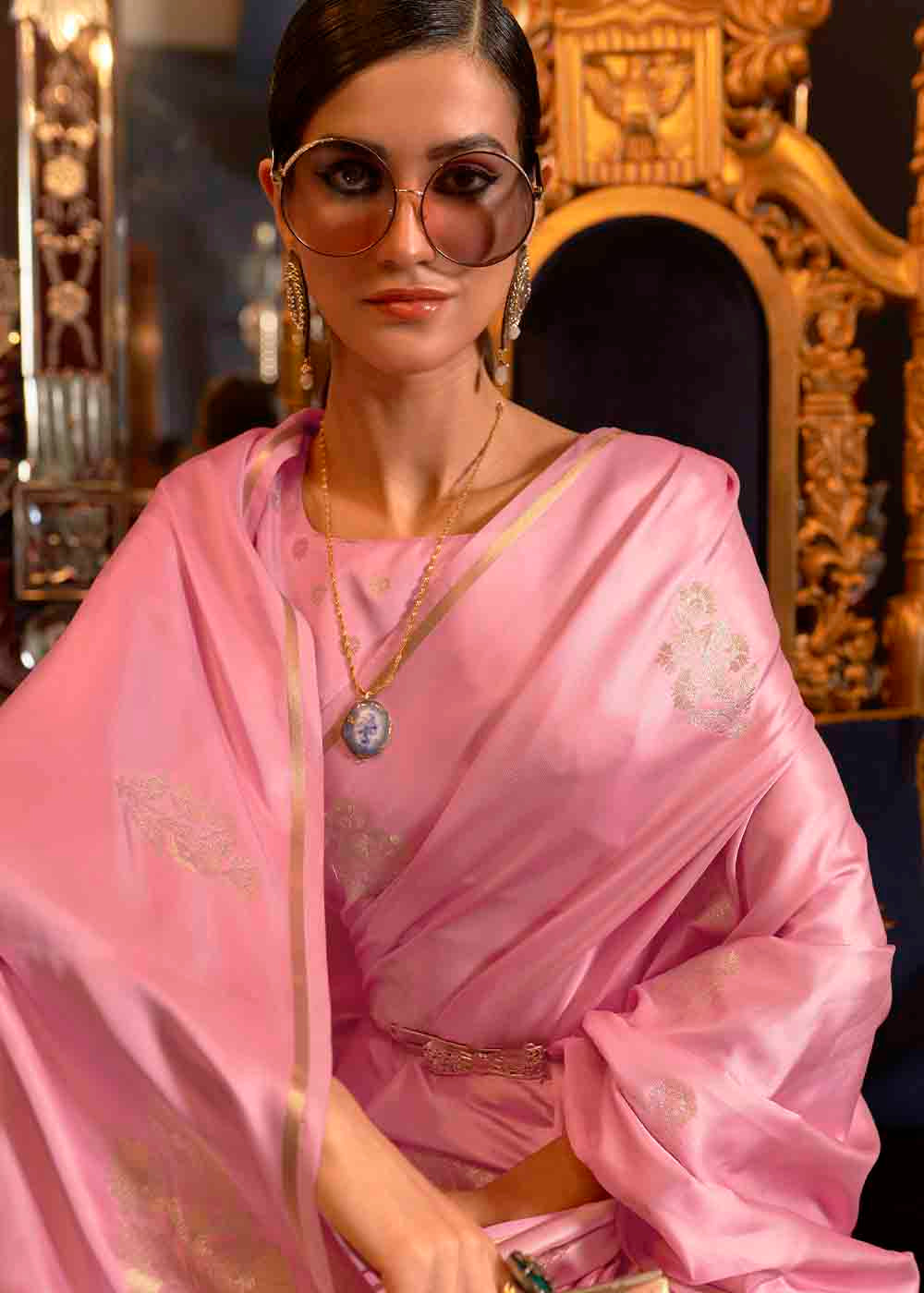 Carnation Pink Designer Satin Silk Saree