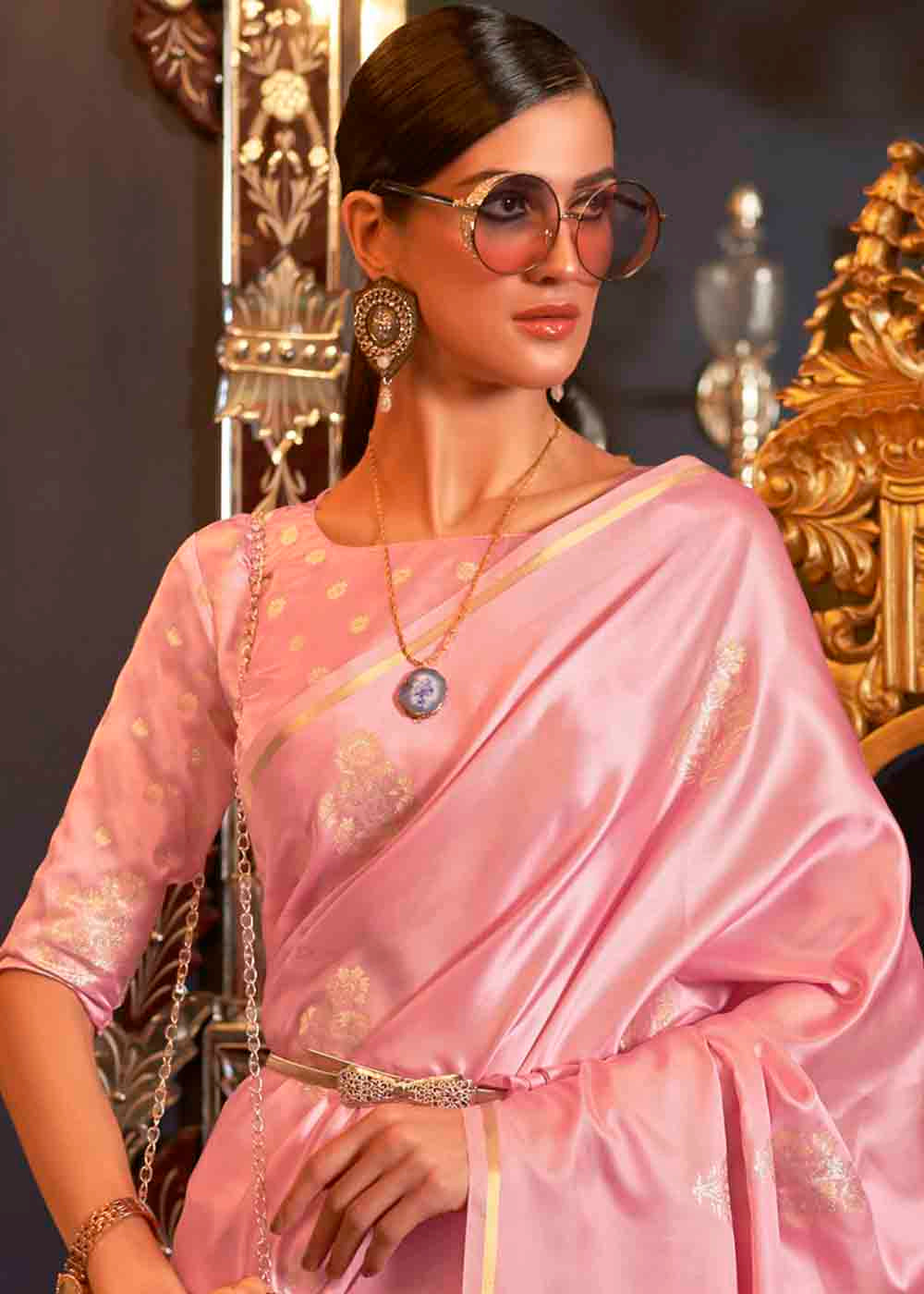 Carnation Pink Designer Satin Silk Saree