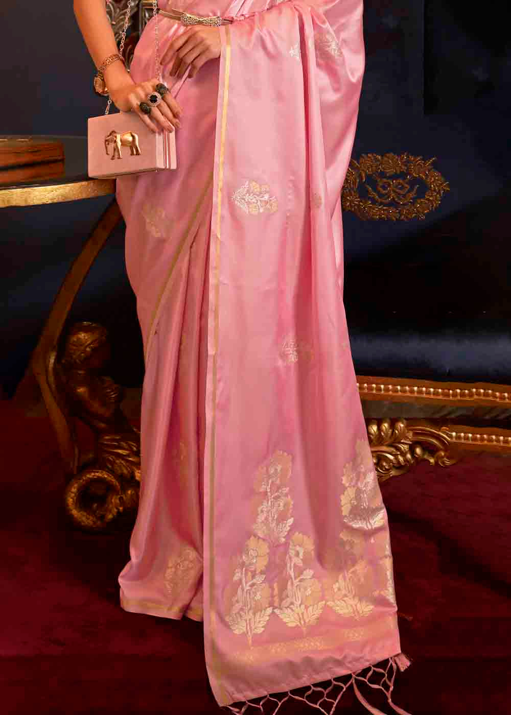 Carnation Pink Designer Satin Silk Saree
