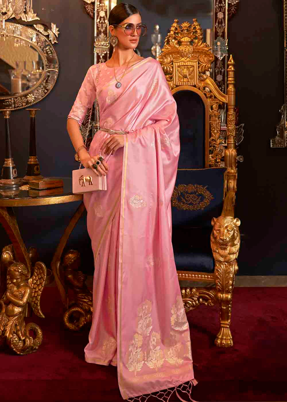 Carnation Pink Designer Satin Silk Saree