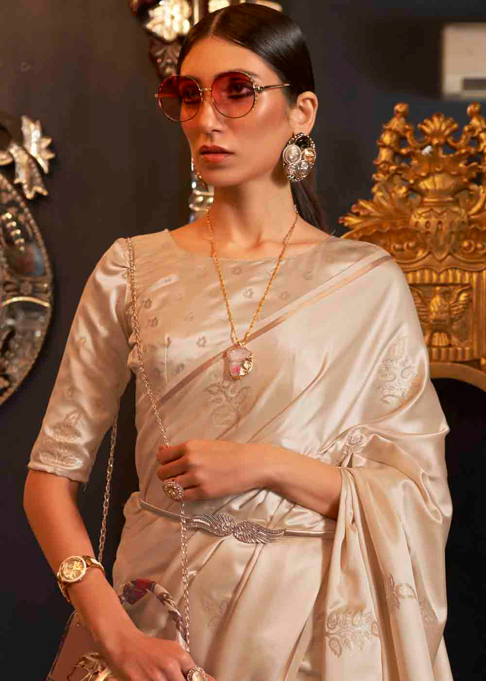 Tan Brown Designer Satin Silk Saree