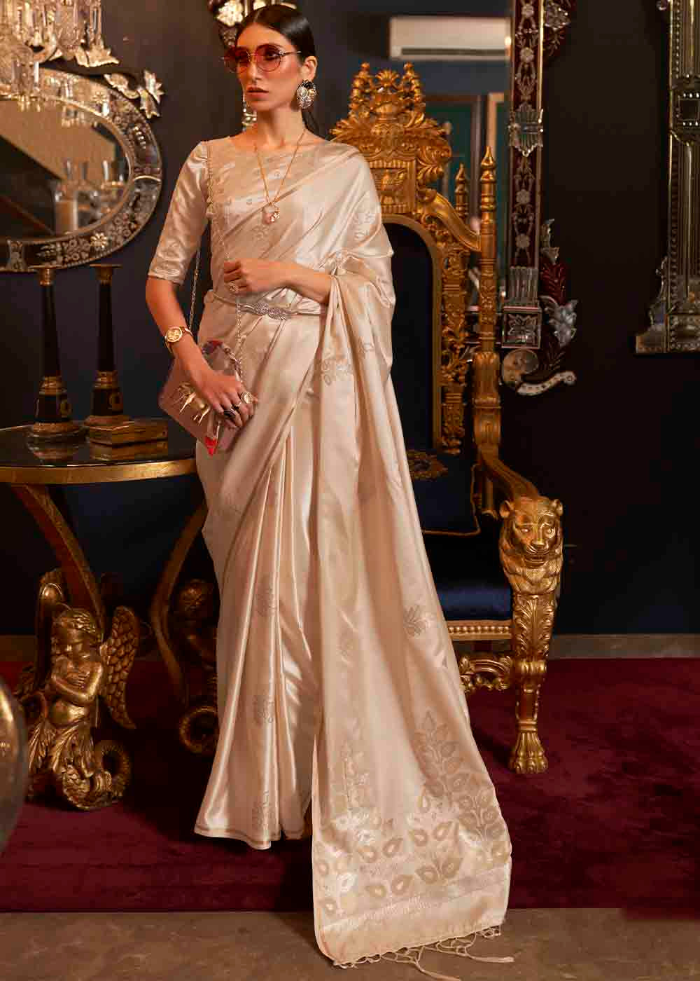 Tan Brown Designer Satin Silk Saree